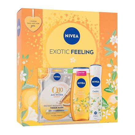 Nivea Exotic Feeling : antiperspirant Exotic Feeling 150 ml + sprchový gel Exotic Feeling 250 ml + pleťová maska Q10 Anti-Wrinkle Energy 1 ks pro ženy