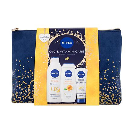 Nivea Q10 & Vitamin Care : tělové mléko Q10 Vitamin C Firming 400 ml + sprchový gel Apricot & Apricot Seed Oil 250 ml + krém na ruce Q10 Anti-Age 100 ml + kosmetická taštička pro ženy