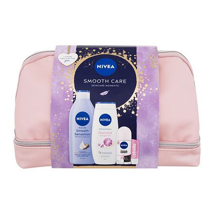 Nivea Smooth Care Skincare Moments : tělové mléko Smooth Sensation 400 ml + sprchový krém Diamond & Argan Oil 250 ml + antiperspirant Invisible Black & White Clear 50 ml + balzám na rty Labello Soft Rosé 4,8 g + kosmetická taštička pro ženy