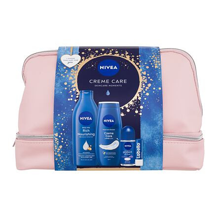 Nivea Creme Care Skincare Moments : tělové mléko Rich Nourishing 400 ml + sprchový gel Creme Care 250 ml + antiperspirant Protect & Care 50 ml + balzám na rty Labello Original 4,8 g + kosmetická taštička pro ženy