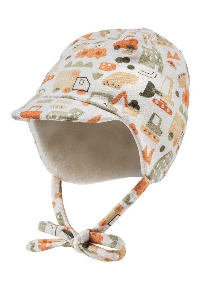 STERNTALER Čepice na zavazování s kšiltem podšitá bagr ecru chlapec vel. 43 cm - 5-6 m