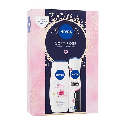 Nivea Soft Rose dámský dárková sada antiperspirant Invisible Black & White Clear 150 ml + sprchový gel Rose & Almond Oil 250 ml pro ženy