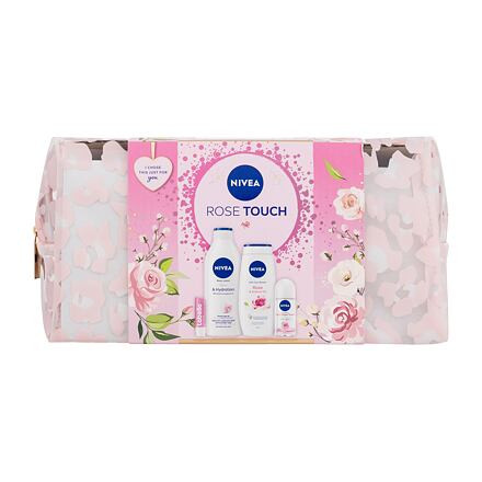 Nivea Rose Touch dámský dárková sada antiperspirant Fresh Rose Touch 50 ml + tělové mléko Rose & Hydration 400 ml + sprchový gel Rose & Almond Oil 250 ml + balzám na rty Labello Soft Rosé 4,8 g + kosmetická taštička pro ženy