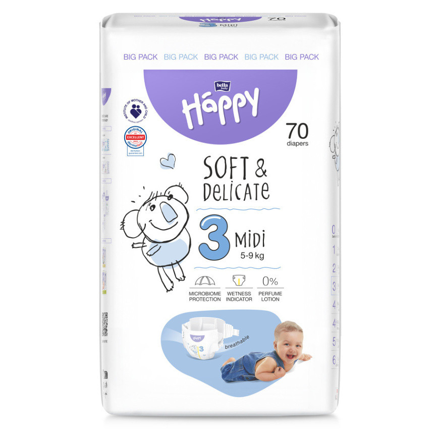 BELLA HAPPY Baby midi 5 - 9 kg 70 kusů, poškozený obal