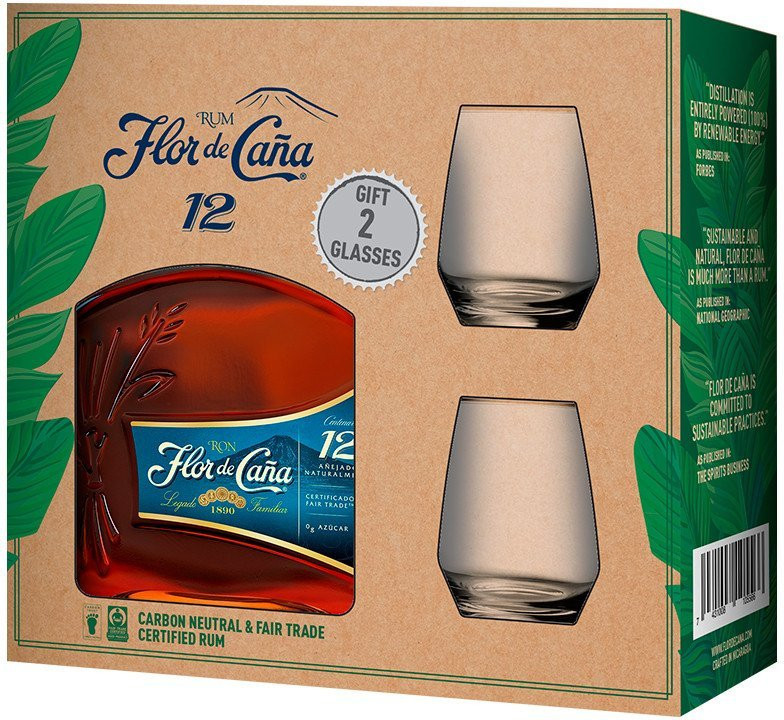 Flor de Caňa 12 0,7l 40% + 2x sklo GB