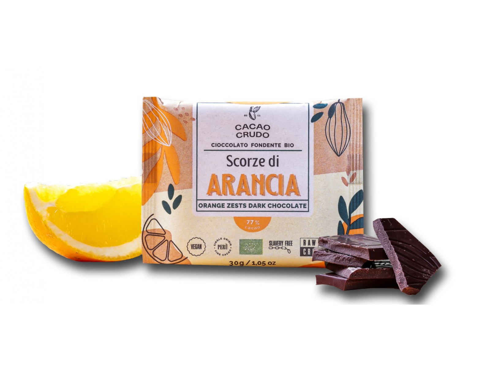 Cacao Crudo Raw Hořká čokoláda s pomerančovou kůrou, BIO, 30 g