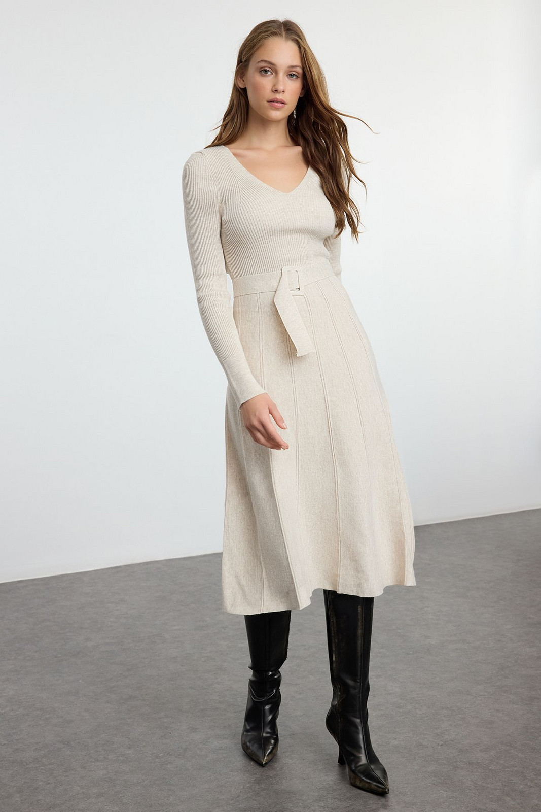 Trendyol Stone Midi Knit Belted Flounce Dress
