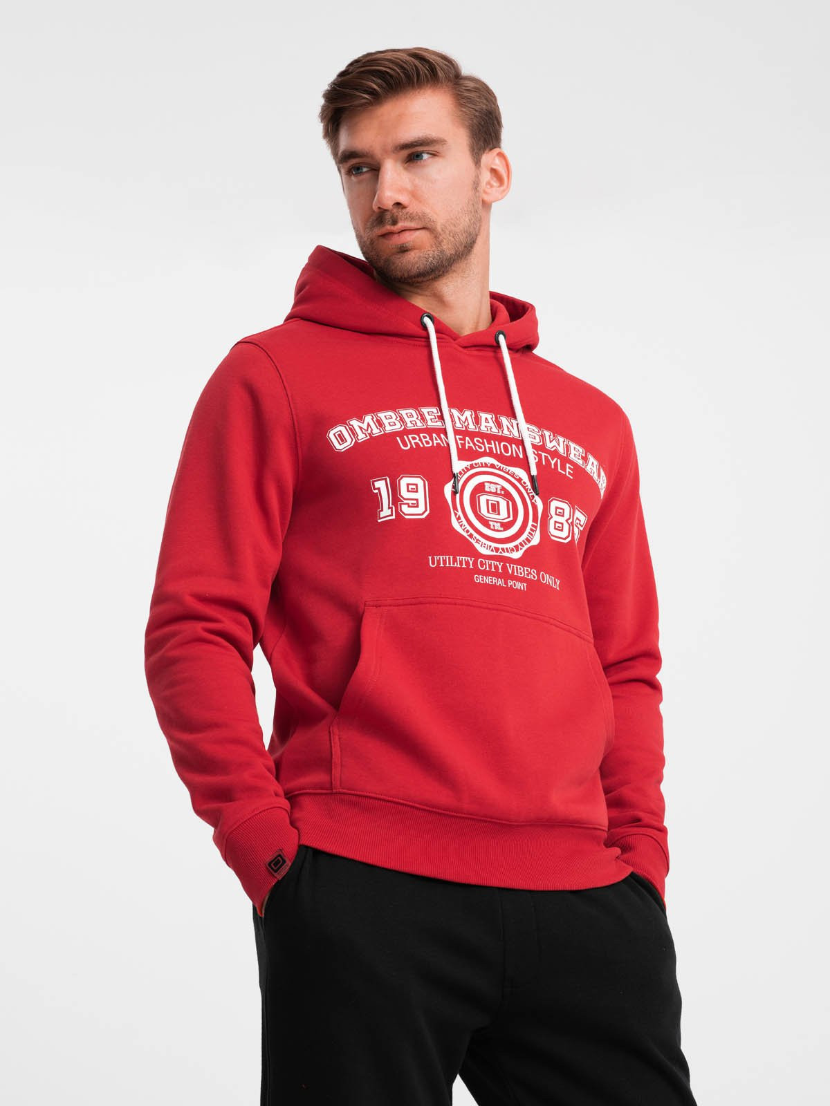 Ombre Men's college style printed kangaroo hoodie - red