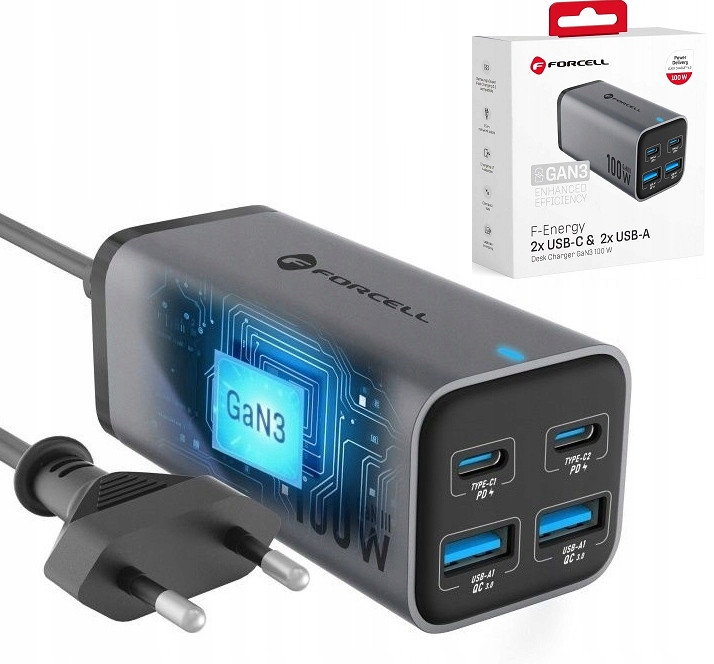 Stolní Síťová Nabíječka Rychlá Výkonná 100W Gan Víceportová 2XUSB-C 2USB
