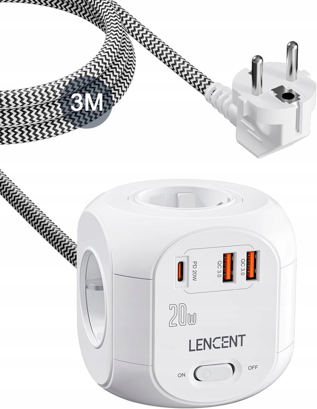 Lencent Kostka pro 4 Zásuvky 20W 2 porty Usb-a a 1 port Usb-c 3 Metrový