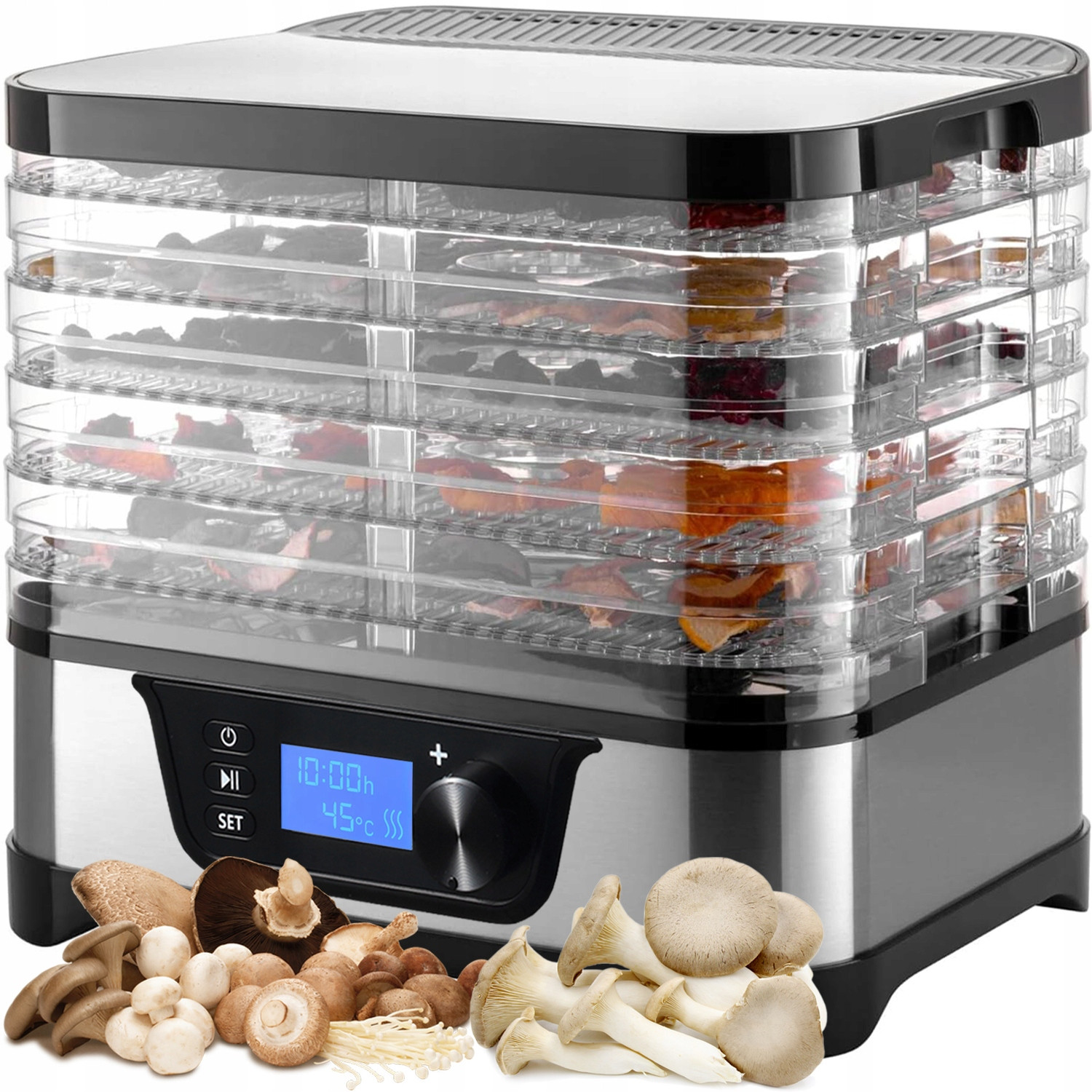 Velká A Výkonná Sušička Hub Ovoce Zeleniny Časovač Termocirkulace Displej