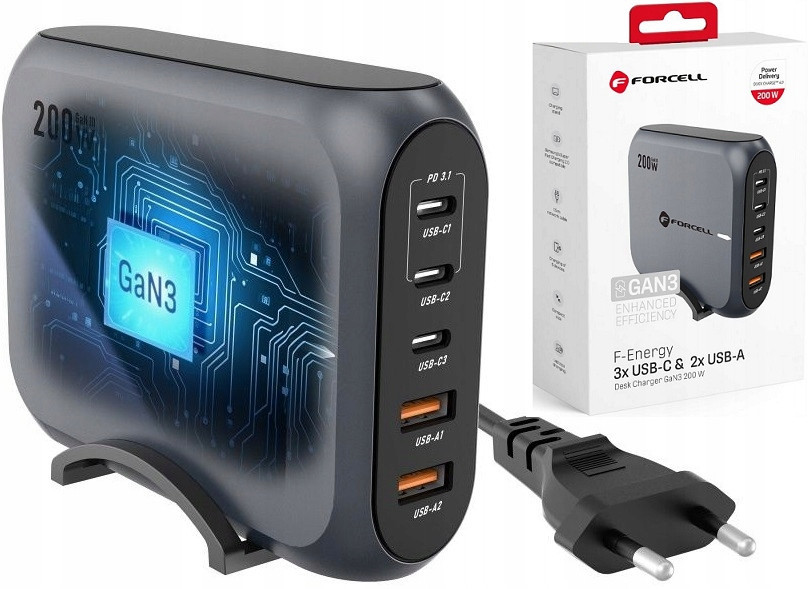 Stolní Síťová Nabíječka Rychlá Výkonná 200W Gan Víceportová 3XUSB-C 2USB