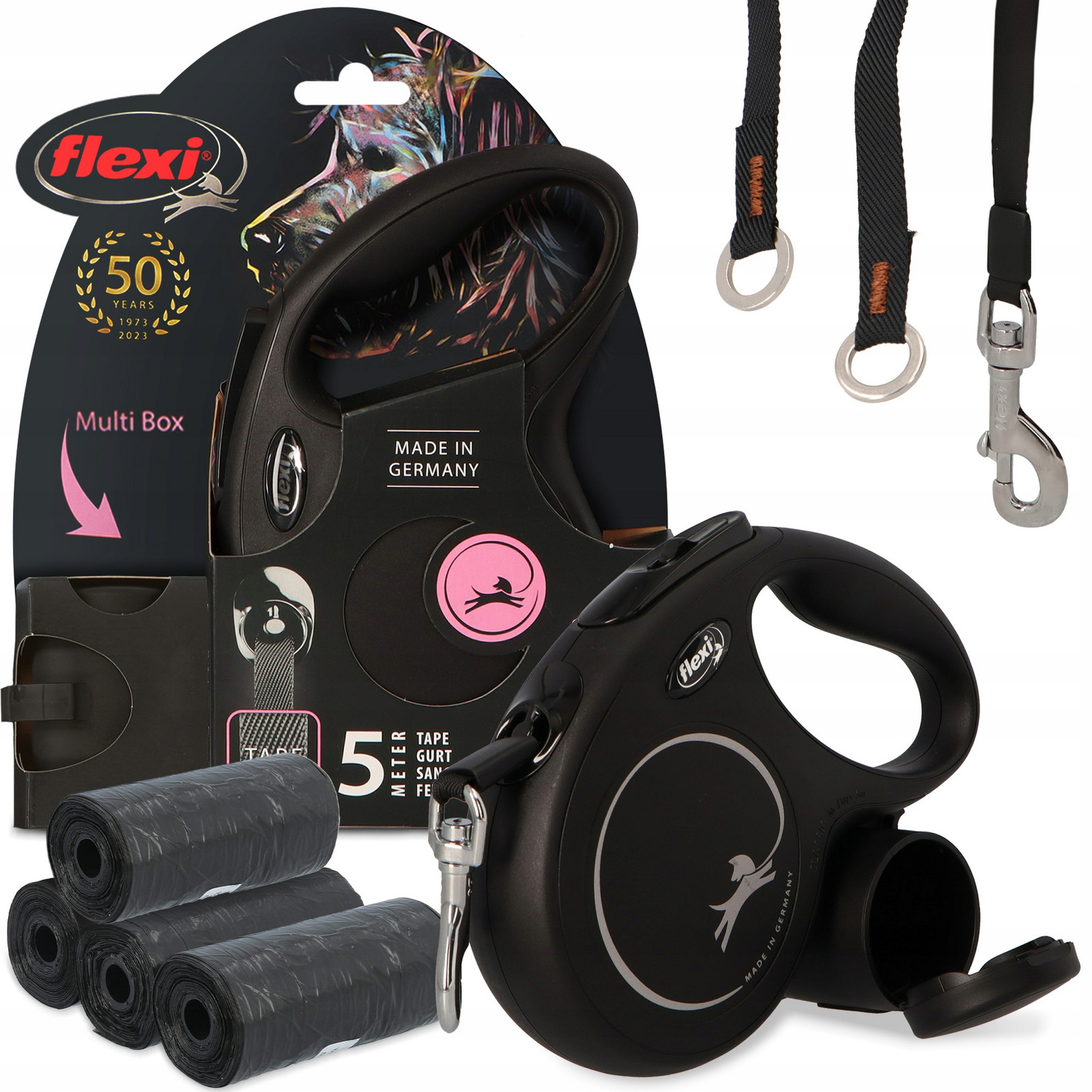 Vodítko Psa Automatická Páska 5m Pouzdro Nádoba Pochoutky 80x Sáčky Kupy