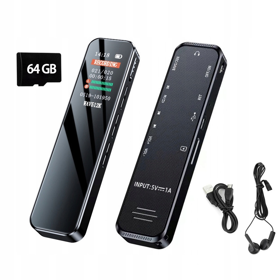 Digitální Diktafon Profesionální 1536 kb/s 64GB Špionážní MP3 Detekce