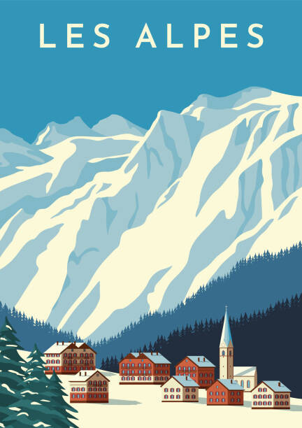 Rinat Khairitdinov Ilustrace Alps travel retro poster, vintage banner., Rinat Khairitdinov, 26.7 × 40 cm