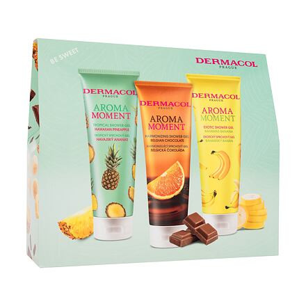 Dermacol Aroma Moment Be Sweet unisex dárková sada sprchový gel Hawaiian Pineapple 250 ml + sprchový gel Belgian Chocolate 250 ml + sprchový gel Bahamas Banana 250 ml unisex