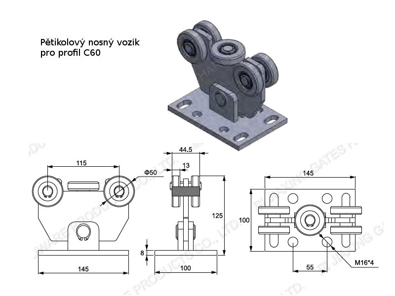 CW560 - nosný vozík pro c-profil C60 s pěti ocelovými koly