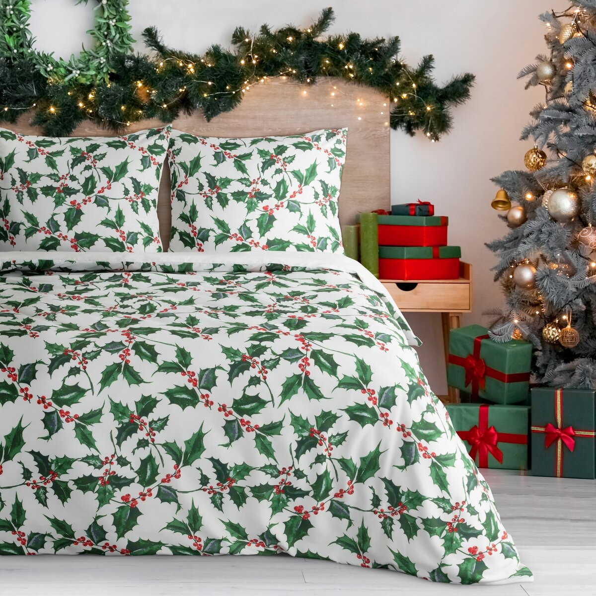 Vánoční mikrovláknové povlečení GREEN 1x 220x200 cm, 2x povlak 70x80 cm francouzské povlečení MyBestHome