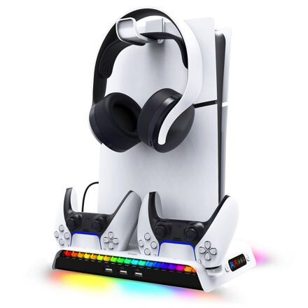 iPega P5S006 Multifunkční Nabíjecí RGB Stojan s Chlazením pro PS5 Slim White PG-P5S006