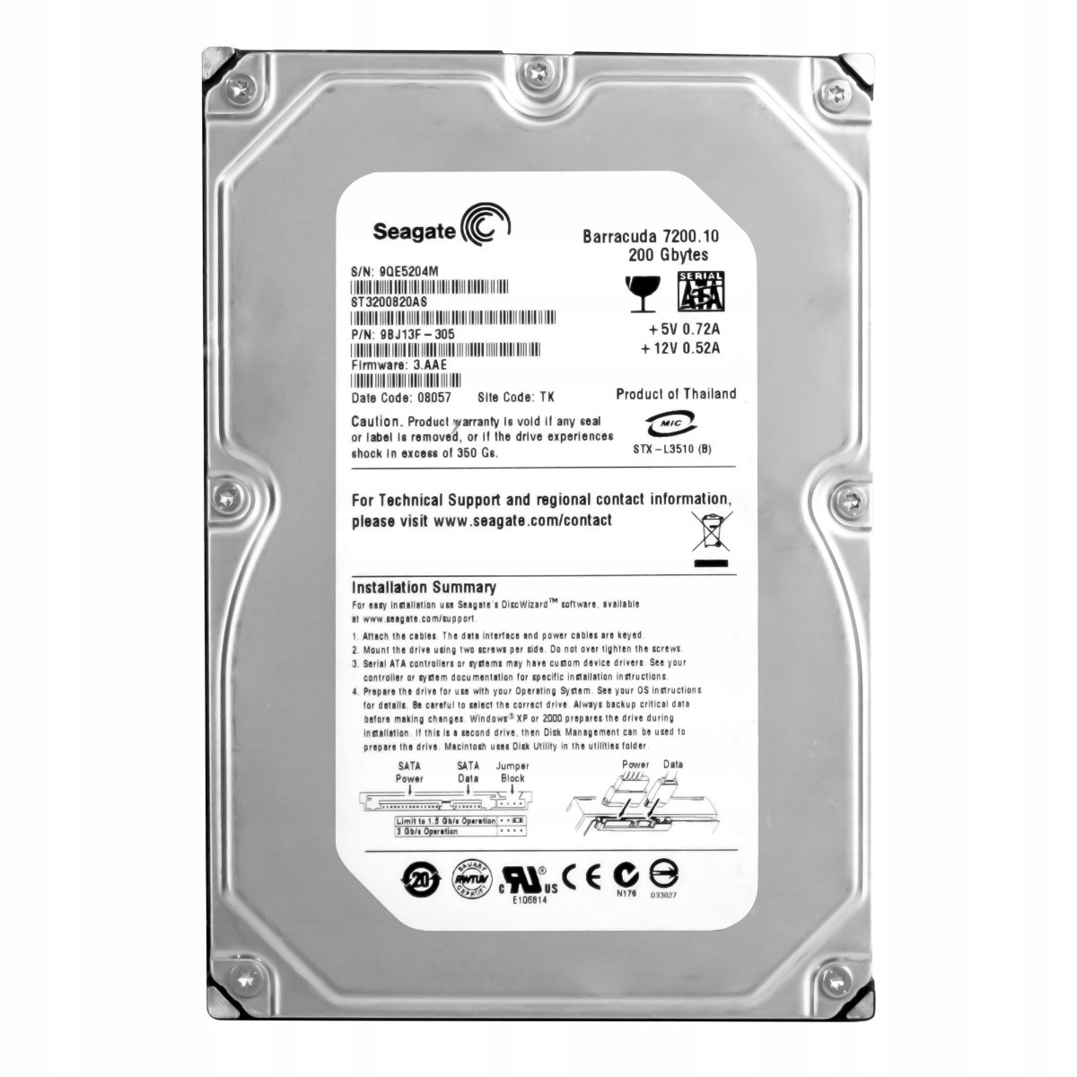Seagate 200GB 7.2K 8MB Sata II 3.5'' ST3200820AS