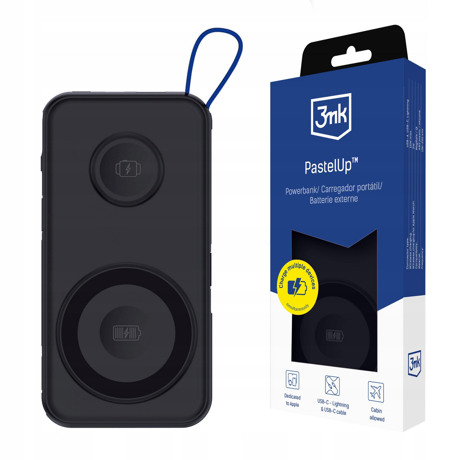 Černá Powerbanka 3mk PastelUp 10,000mAh Qi 22.5W USB-C/Lightning kabel