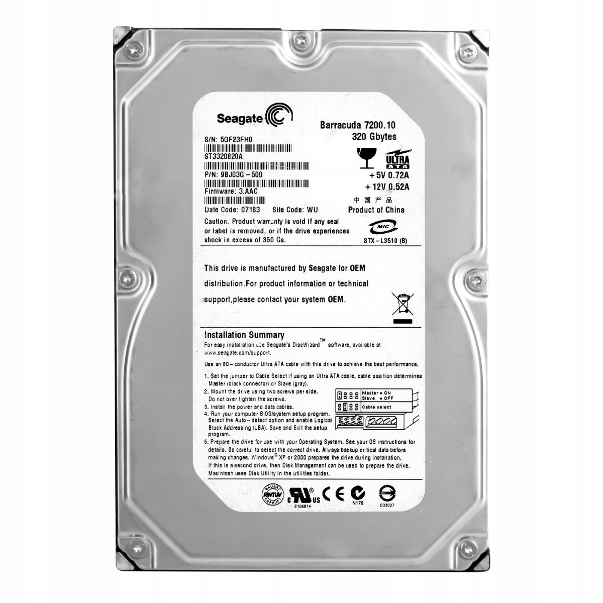 Seagate Barracuda 320GB 7.2K Ata 3.5'' ST3320820A