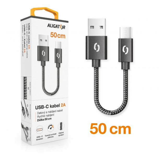 Datový kabel ALIGATOR PREMIUM 2A, USB-C, 0,5m, černý