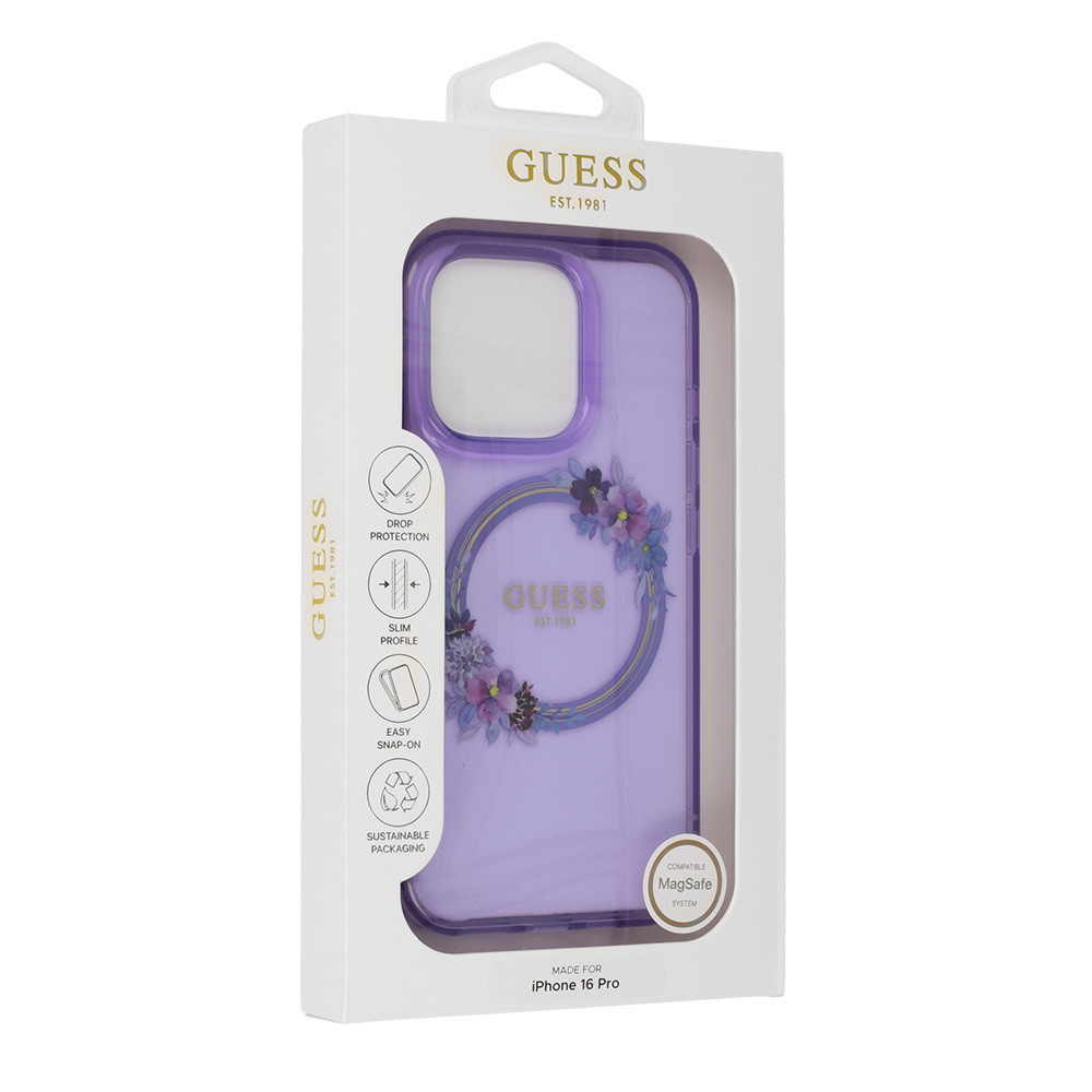 Originální zadní kryt GUESS IML Flowers Wreath Magsafe GUHMP16SHFWFCU pro iPhone 16 purple