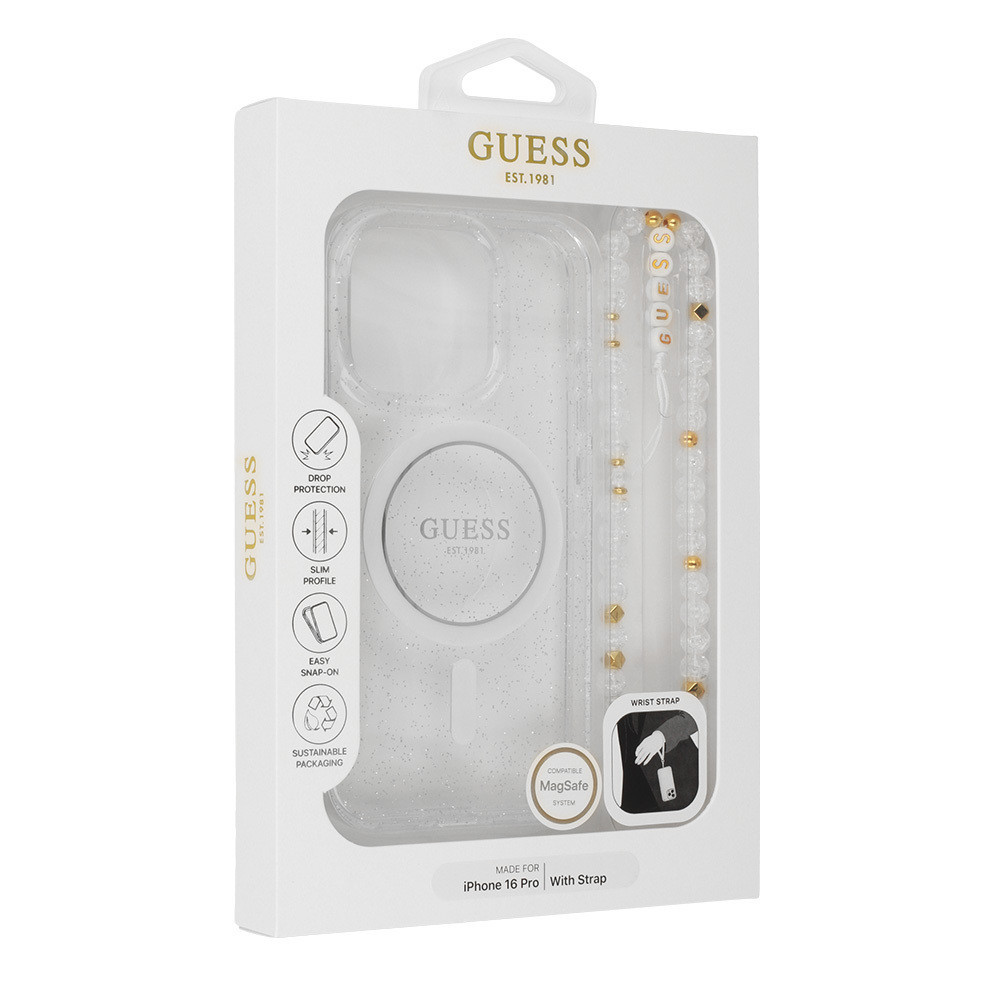 Originální zadní kryt GUESS IML Glitter with Pearl Strap Magsafe GUHMP16MHGCRELST pro iPhone 16 Plus transparentní