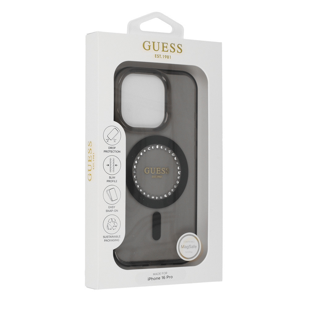 Originální zadní kryt GUESS IML Rhinestones Magsafe GUHMP16SPFTDTEK pro iPhone 16 tmavý