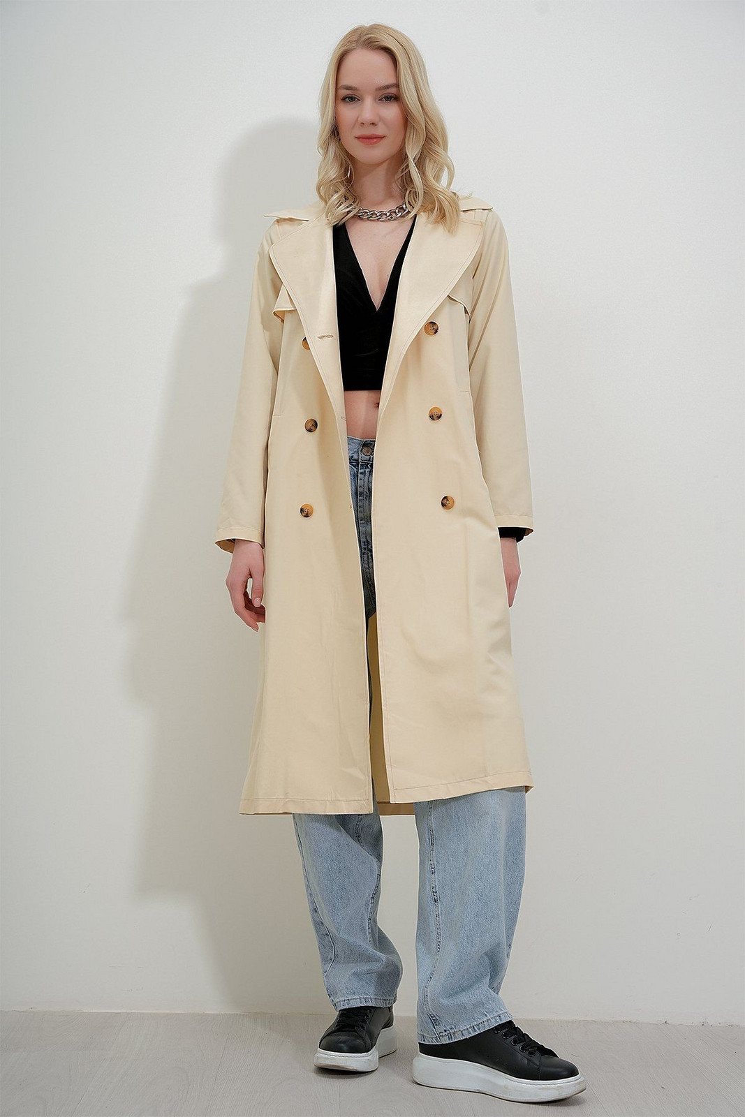 HAKKE Shawl Collar Buttoned Trench Coat