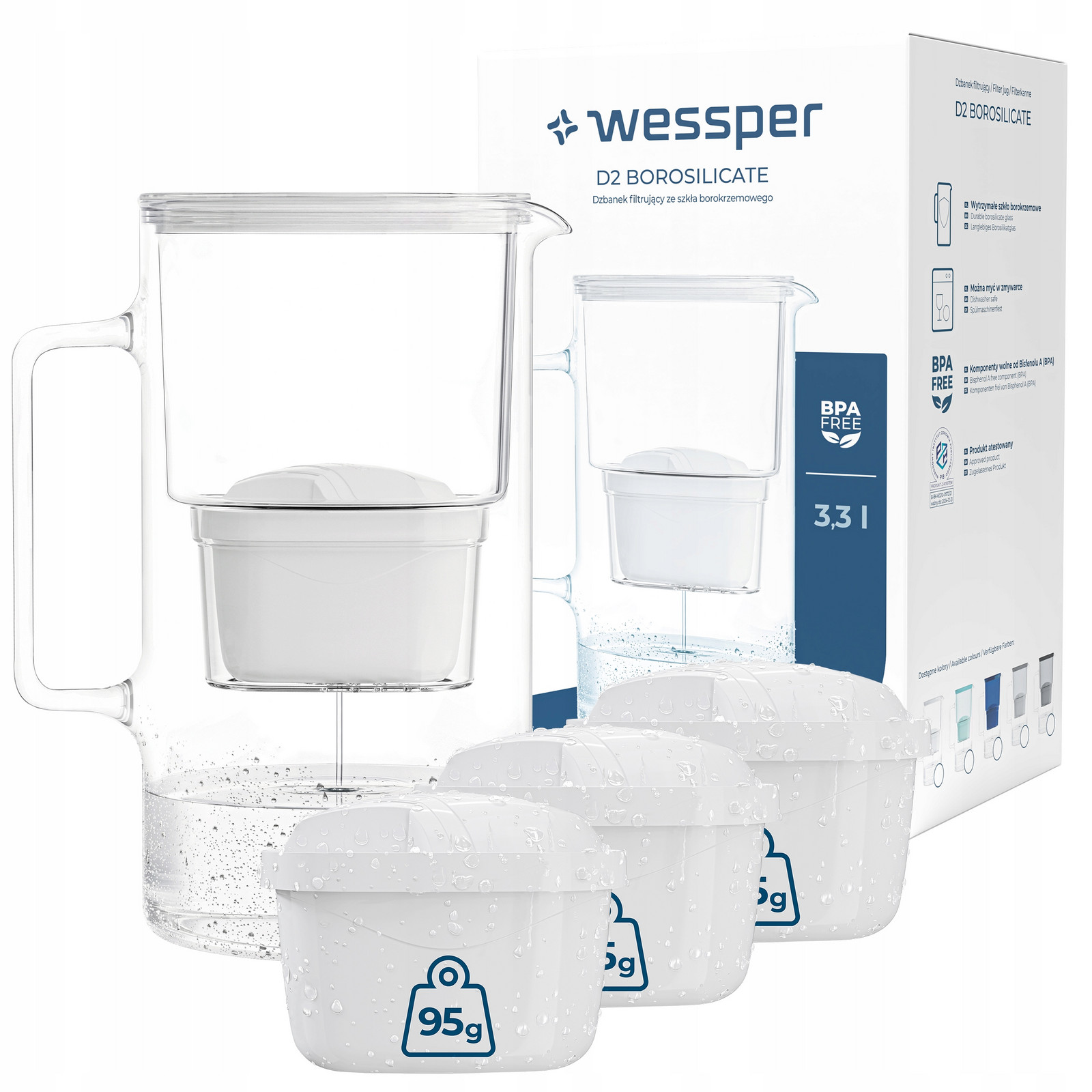 Skleněná filtrační konvice Wessper aquamax 3l 4x Filtr Wessper aquamax