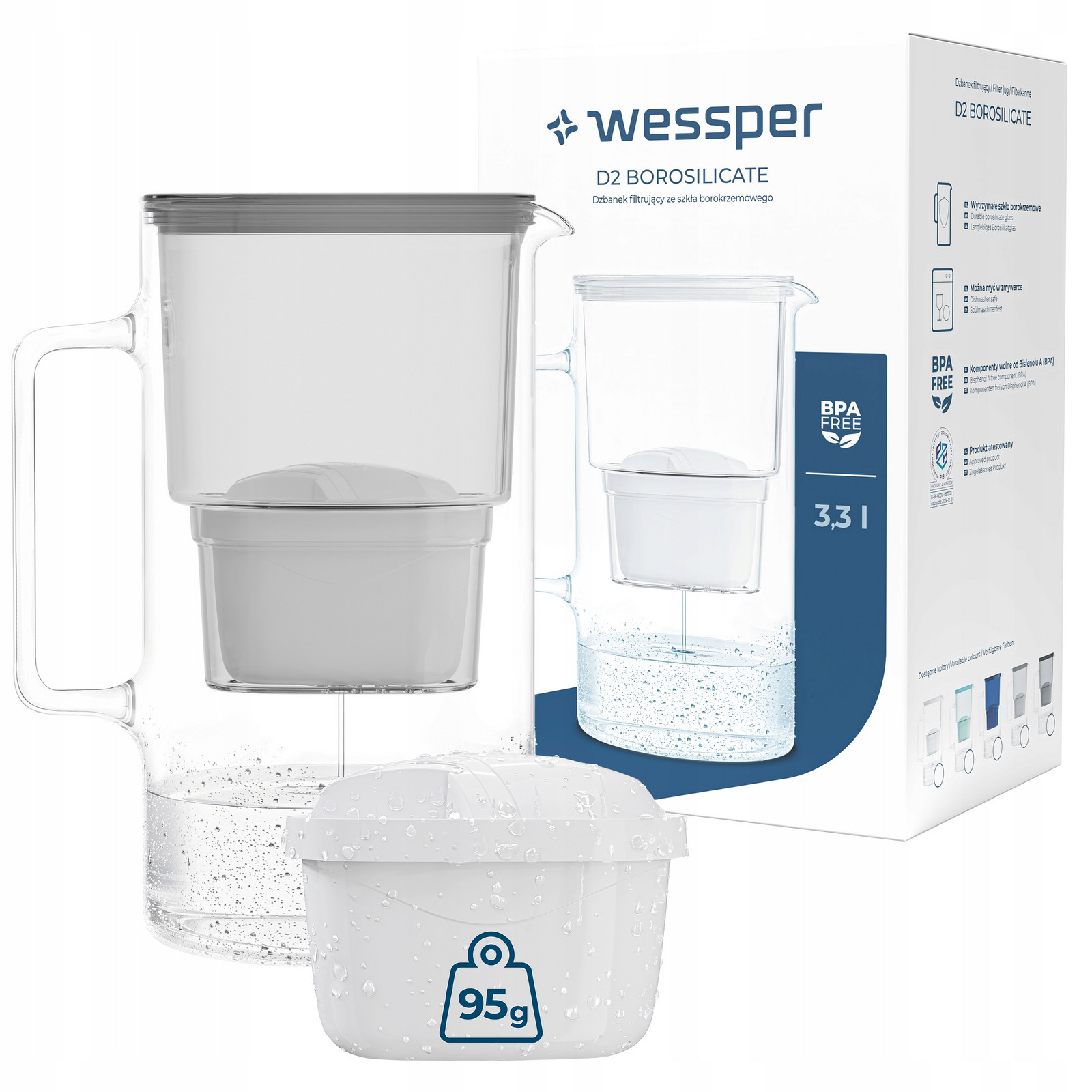 Skleněná filtrační konvice Wessper aquamax 3l 2x Filtr Wessper aquamax