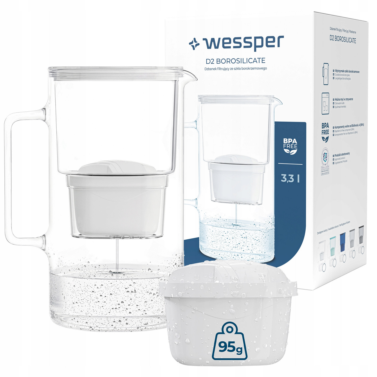 Skleněná Konvice Wessper D2 Borosilicate 3l 2x Filtrační Vložka Vody Wessper