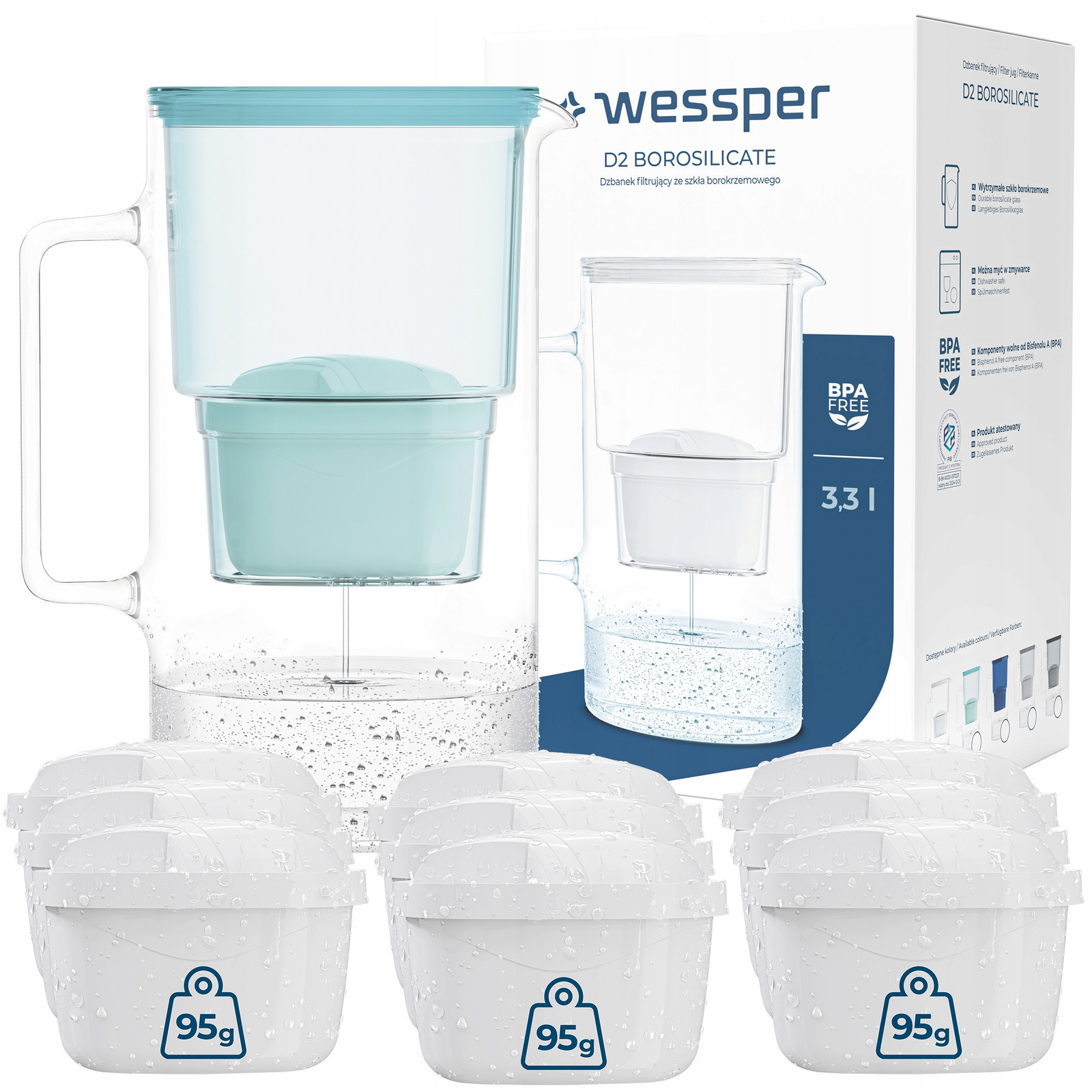 Skleněná filtrační konvice Wessper aquamax 3l 10x Filtr Wessper aquamax