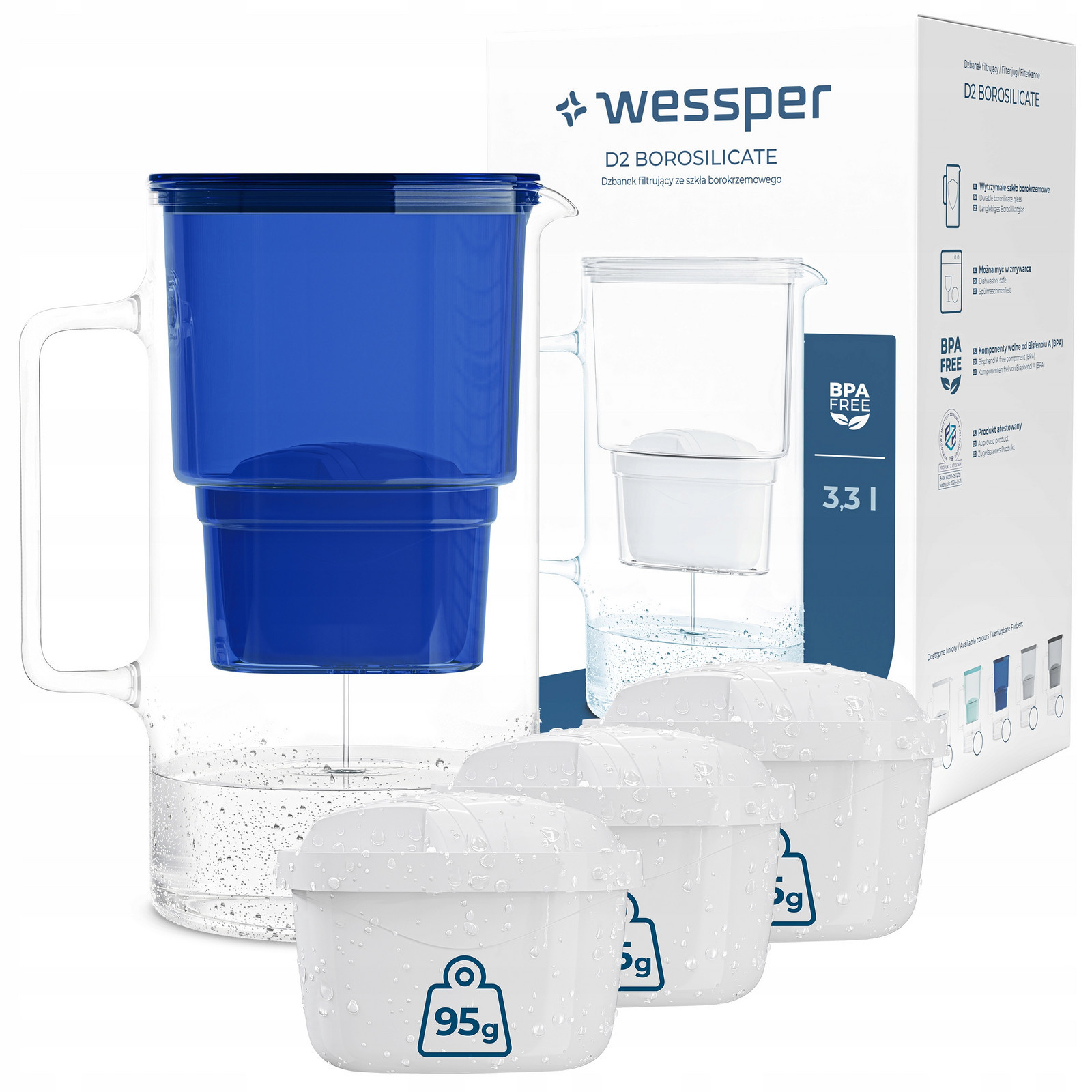 Skleněná Konvice Wessper D2 Borosilicate 3l 4x Filtrační Vložka Vody Wessper