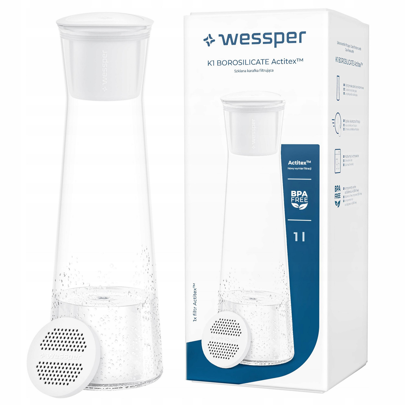 Skleněná láhev Filtrační karafa Wessper K1 Borosilicate 1l 1x Filtr