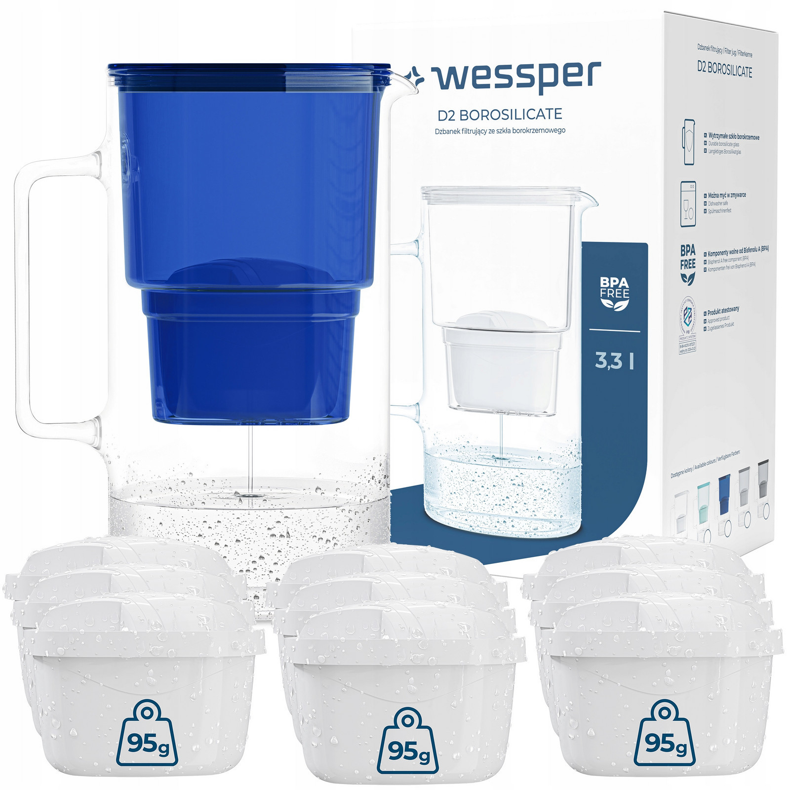 Skleněná Konvice Wessper D2 Borosilicate 3l 10x Filtrační Vložka Vody Wessper