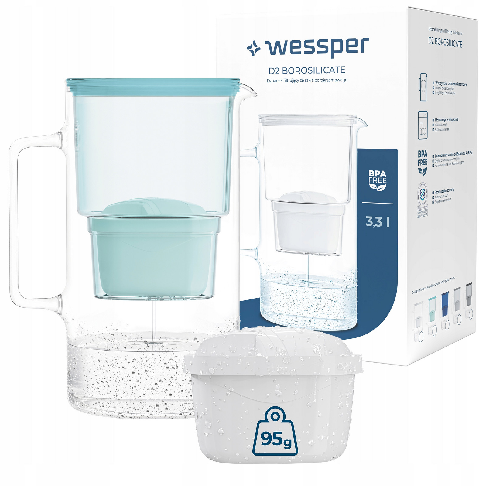 Skleněná Konvice Wessper D2 Borosilicate 3,3l 2x Filtrační Vložka Vody Wessper