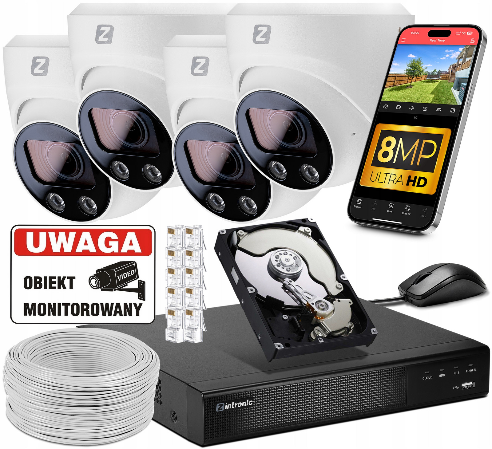 Set Monitoring 4 kamery Poe 4K Ultra Hd 8Mpx Bílé kopule Detekce