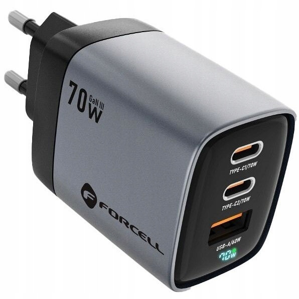 Nabíječka do sítě univerzální Forcell GaN3 70W 2x Usb-c Usb LCD Pd QC4.0