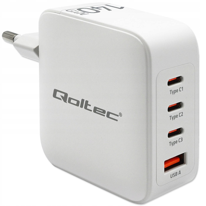 Qoltec Nabíječka do sítě 140W GaN 5-20V 2.5-5A 3xUSB-C Pd 1xUSB Qc 3.0