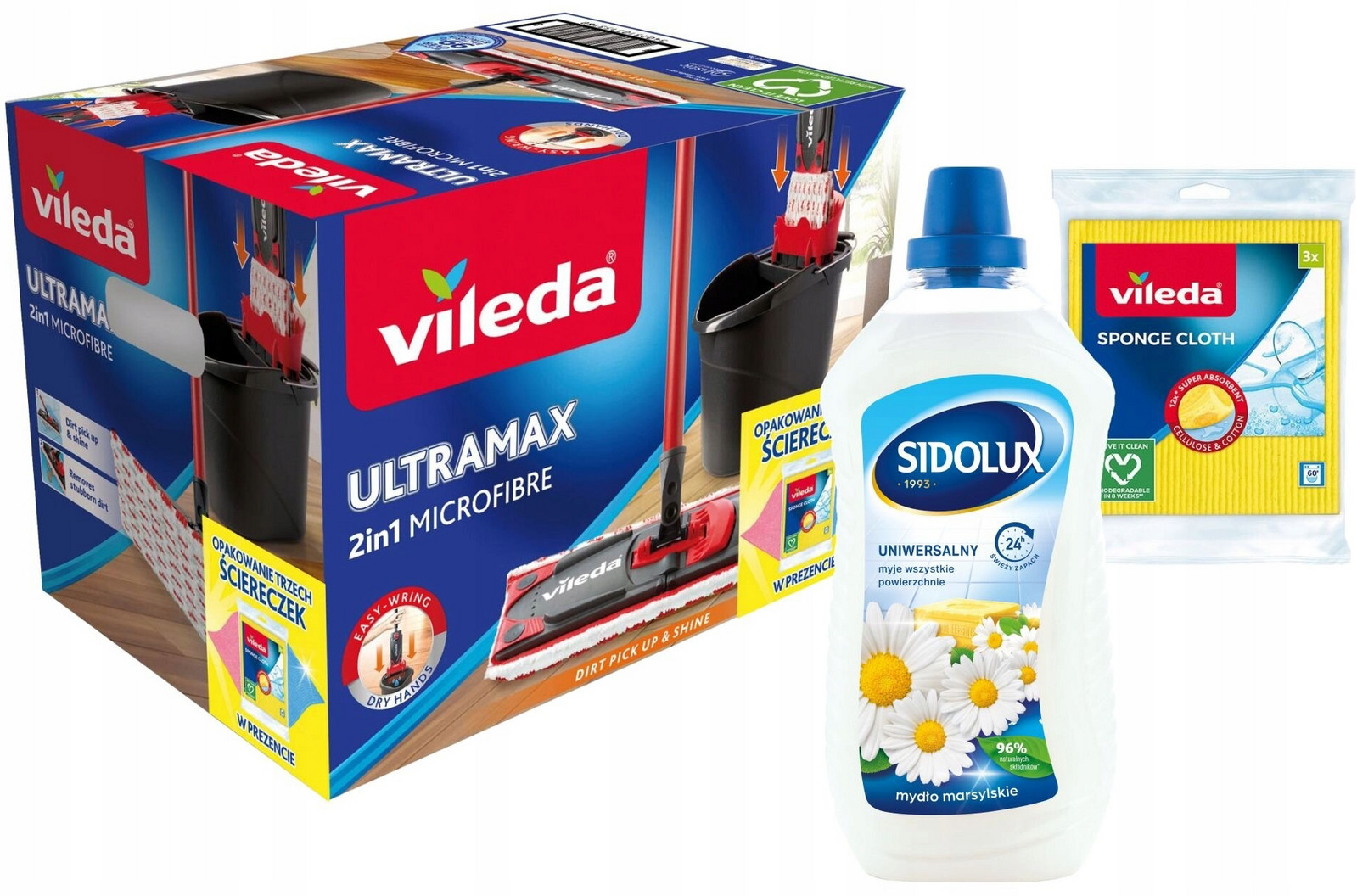 Sada Mop plochý Vileda UltraMax Box Pucerka Tekutý Sidolux na mytí