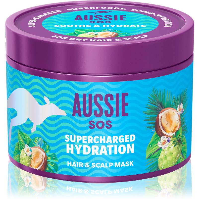 Aussie SOS Supercharged Hydration uklidňující hydratační maska na vlasy a vlasovou pokožku 500 ml