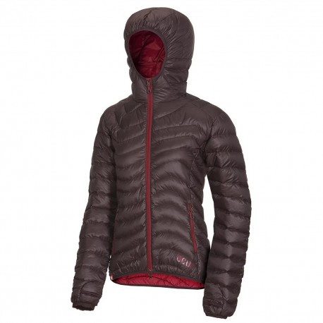 Ocún Tsunami Jacket W Chocolate/Garnet Red dámská ultralehká péřová bunda s kapucí DWR