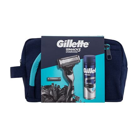 Gillette Mach3 Charcoal pánský dárková sada holicí strojek 1 ks + holicí gel Series Cleansing 200 ml + náhradní hlavice 1 ks + kosmetická taštička pro muže