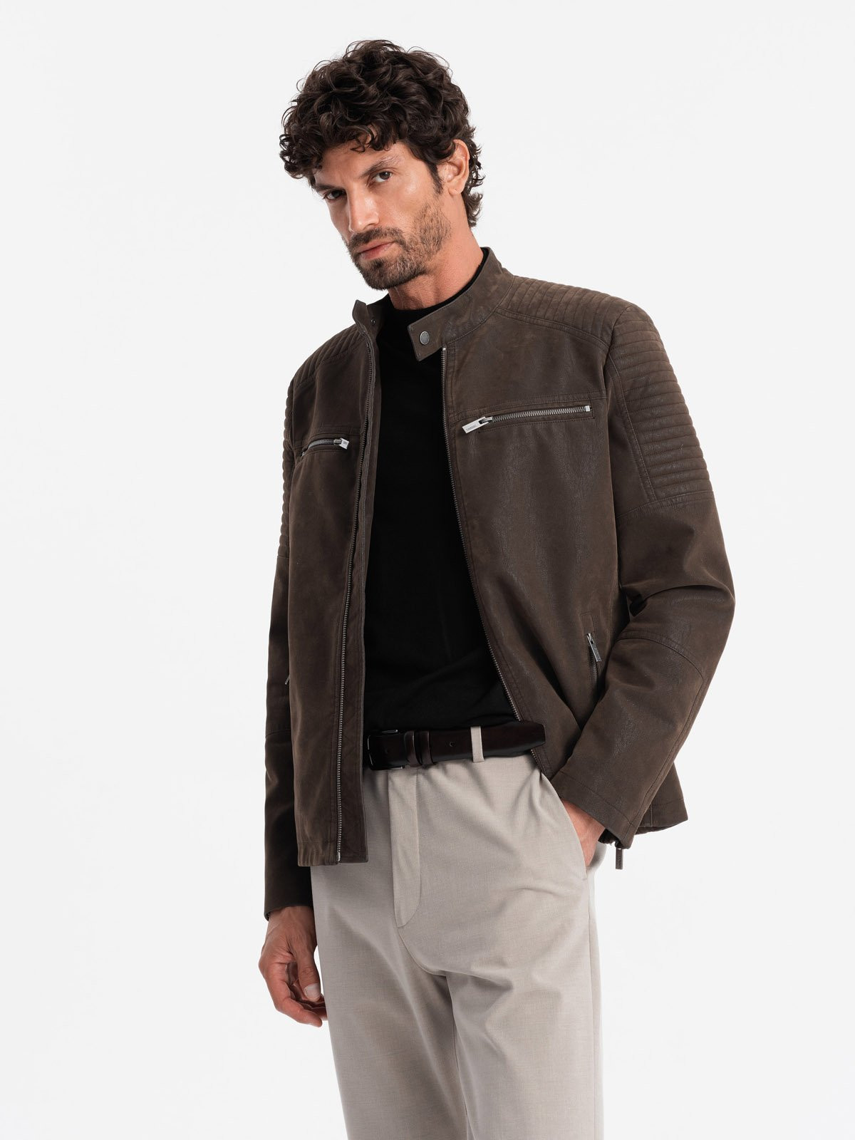 Ombre Men's retro biker jacket with stand-up collar - brown