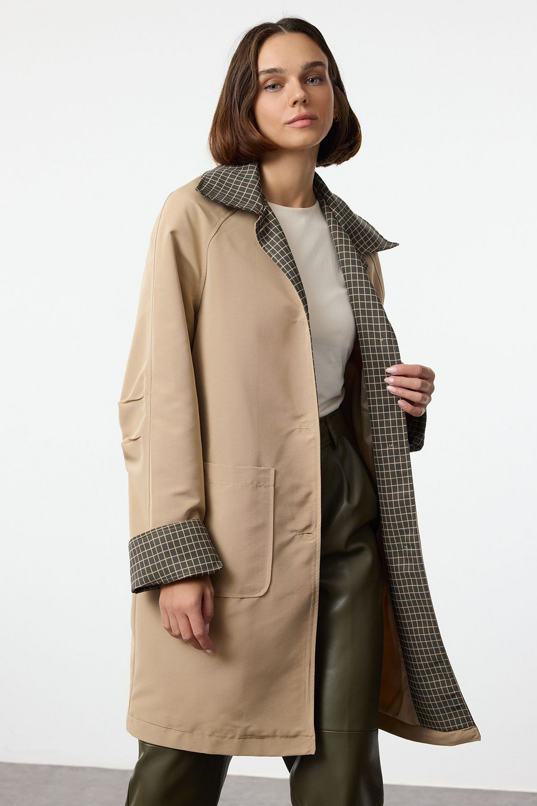Trendyol Beige Regular Plaid Lined Midi Trench Coat