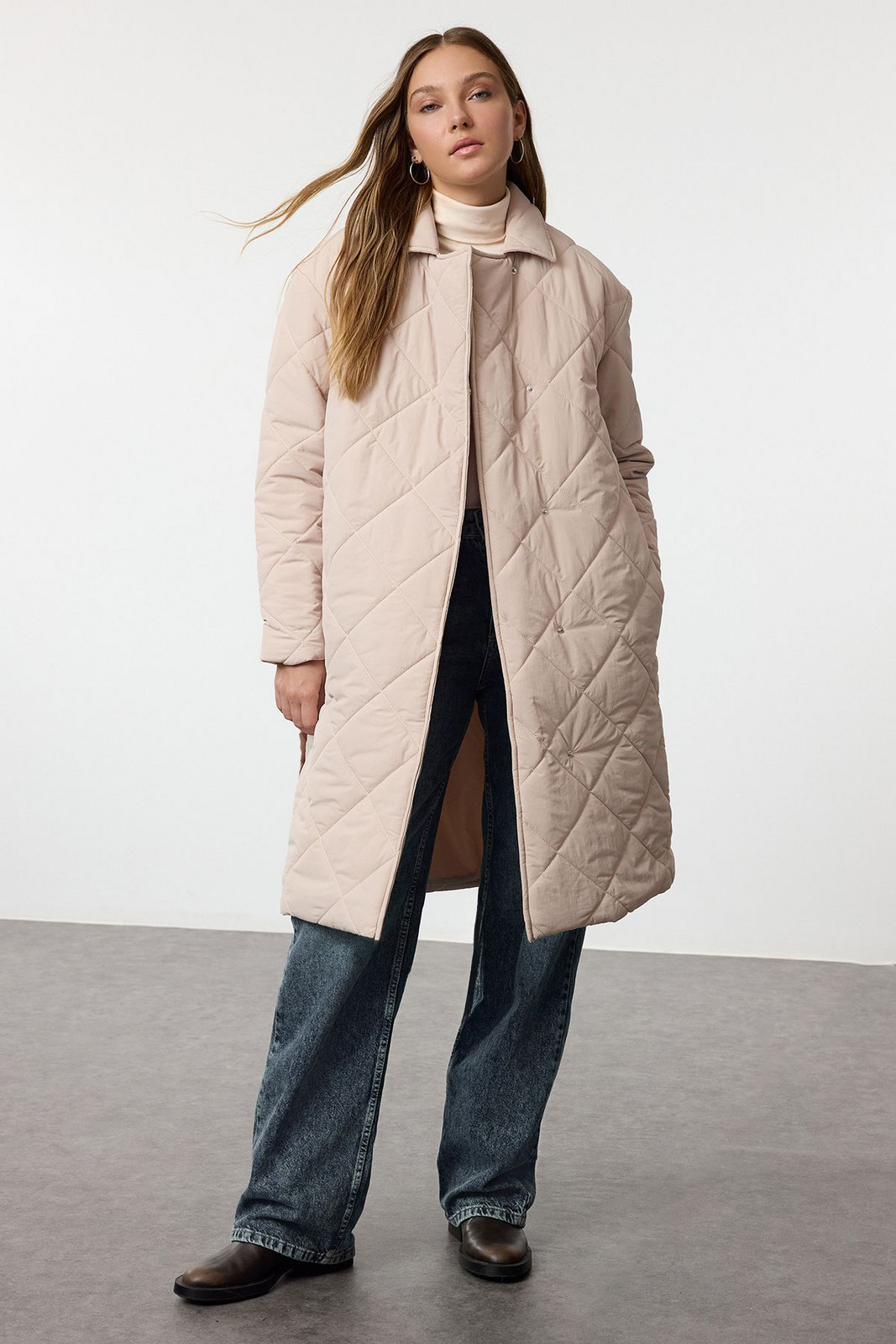 Trendyol Ecru Oversize Belted Long Quilted Puffer Coat
