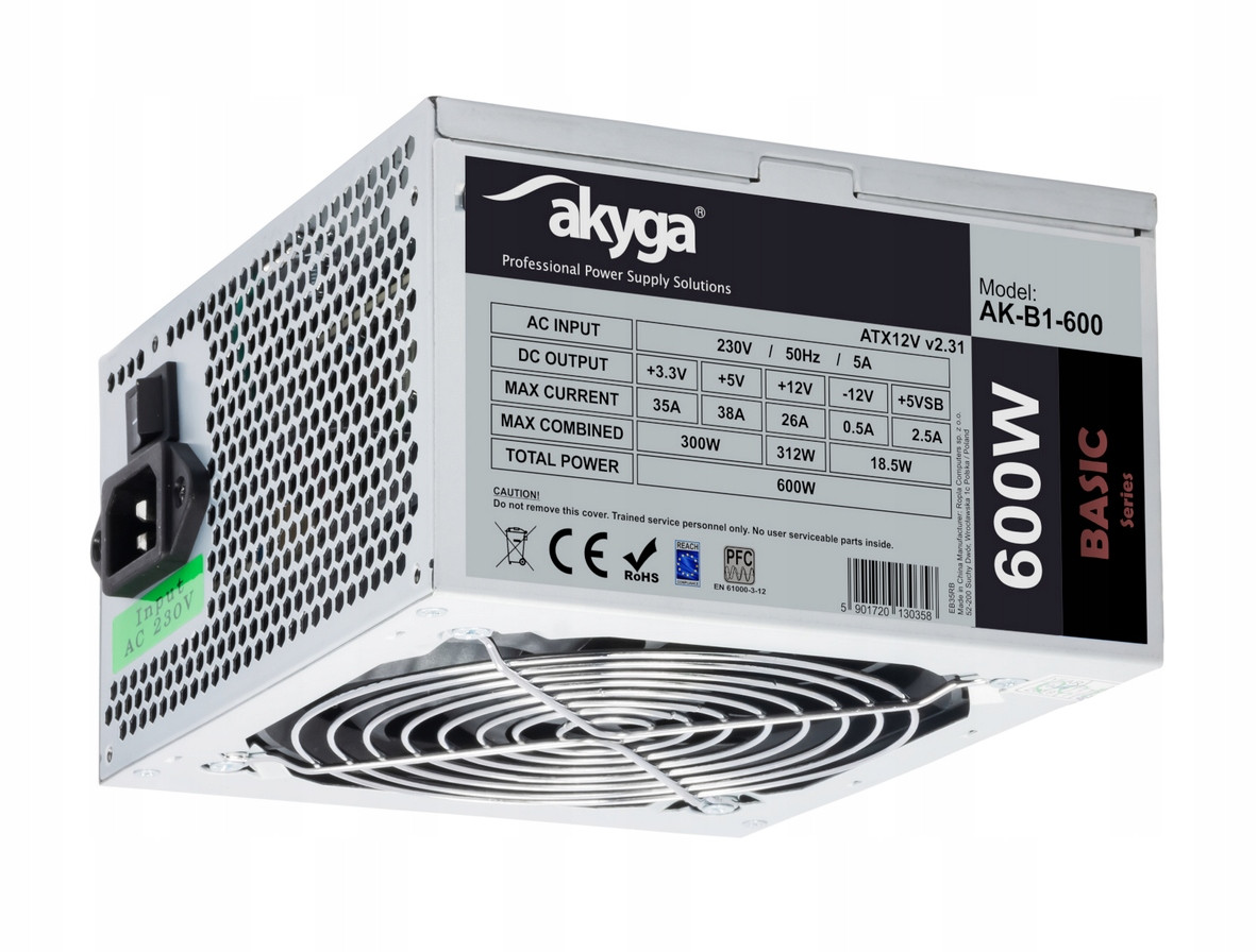 Nový 600W Akyga Atx 4xSATA 2xMOLEX 1x20+4PIN AK-B1-600